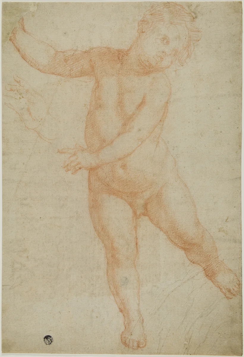 Putto Poised on Right Leg (recto); Sketch of a Draped Arm (verso) by Domenico Cresti, drawing, 1575-1600