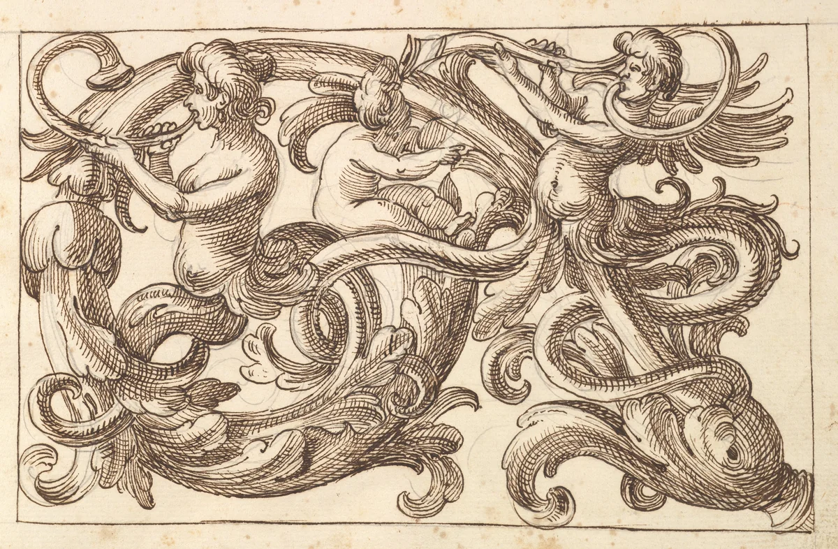 Horizontal Panel Design with Two Male Figures and a Putto Interspersed between Acanthus Rinceaux by anonymous, drawing, 1600-1650