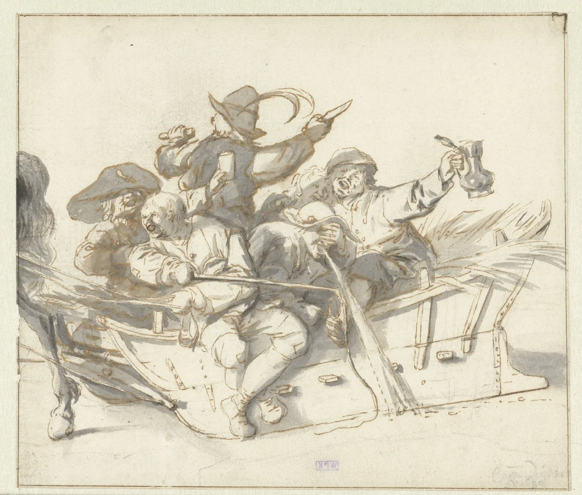 Five Drunken Villagers and a Woman on a Sleigh by Cornelis Dusart, drawing, 1680-1695