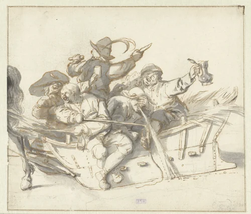 Five Drunken Villagers and a Woman on a Sleigh by Cornelis Dusart, drawing, 1680-1695