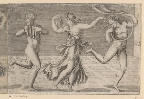 Dansende maenade en saters by Unknown, print, 1516