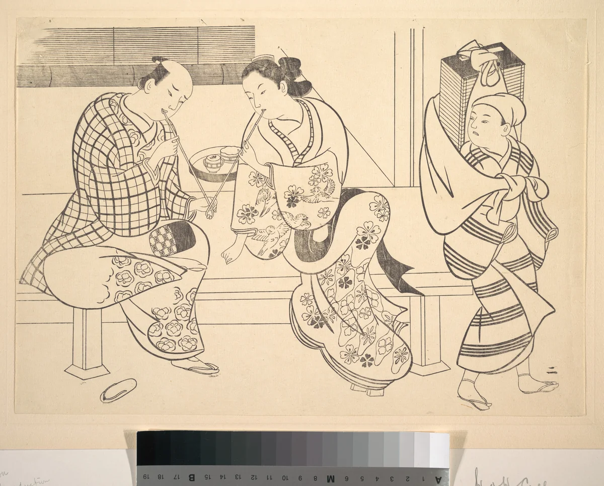 A Man Lighting His Pipe from that of A Young Woman who Sits Beside Him by Okumura Masanobu (奥村政信), print, 1868-1912