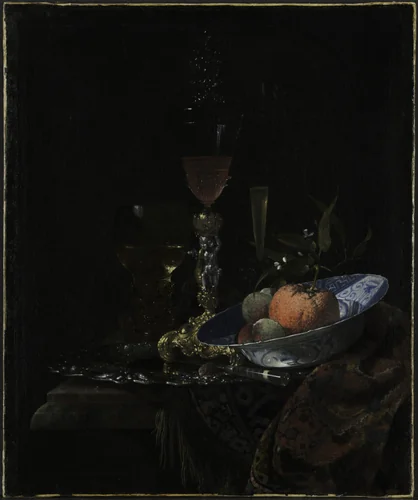 Wineglass and a Bowl of Fruit by Willem Kalf, painting, 1663
