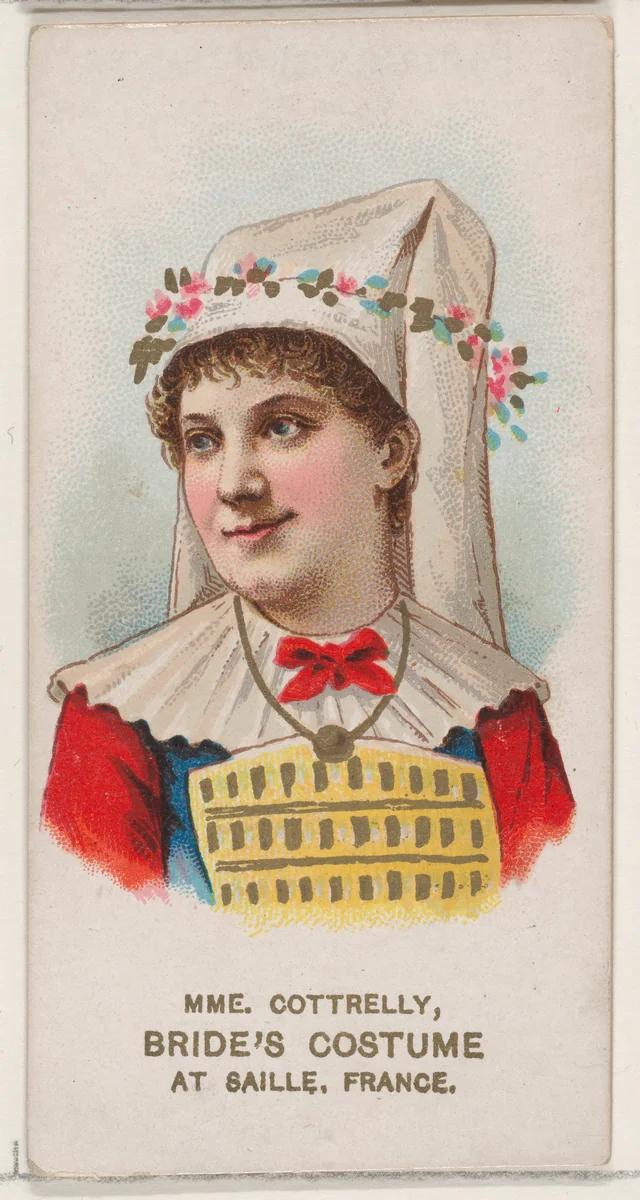 Mme. Cottrelly in Bride's Costume of Saille, France, from the set Actors and Actresses, First Series (N70) for Duke brand cigarettes by W. Duke, Sons & Co., print, 1888-1889