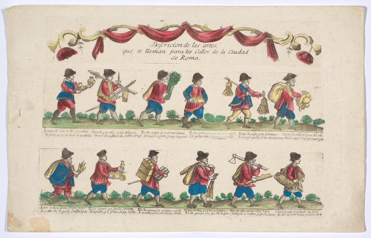 Title and plate 1 depicting the cries (trades) of Rome, here including vendors of goldfish, Milanese swords, hats etc, from the 'Descrición de las artes que se llaman para los calles de la ciudad de Roma' by Remondini, print, 1765-1805