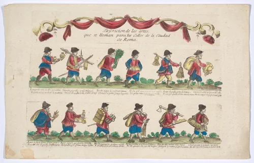 Title and plate 1 depicting the cries (trades) of Rome, here including vendors of goldfish, Milanese swords, hats etc, from the 'Descrición de las artes que se llaman para los calles de la ciudad de Roma' by Remondini, print, 1765-1805