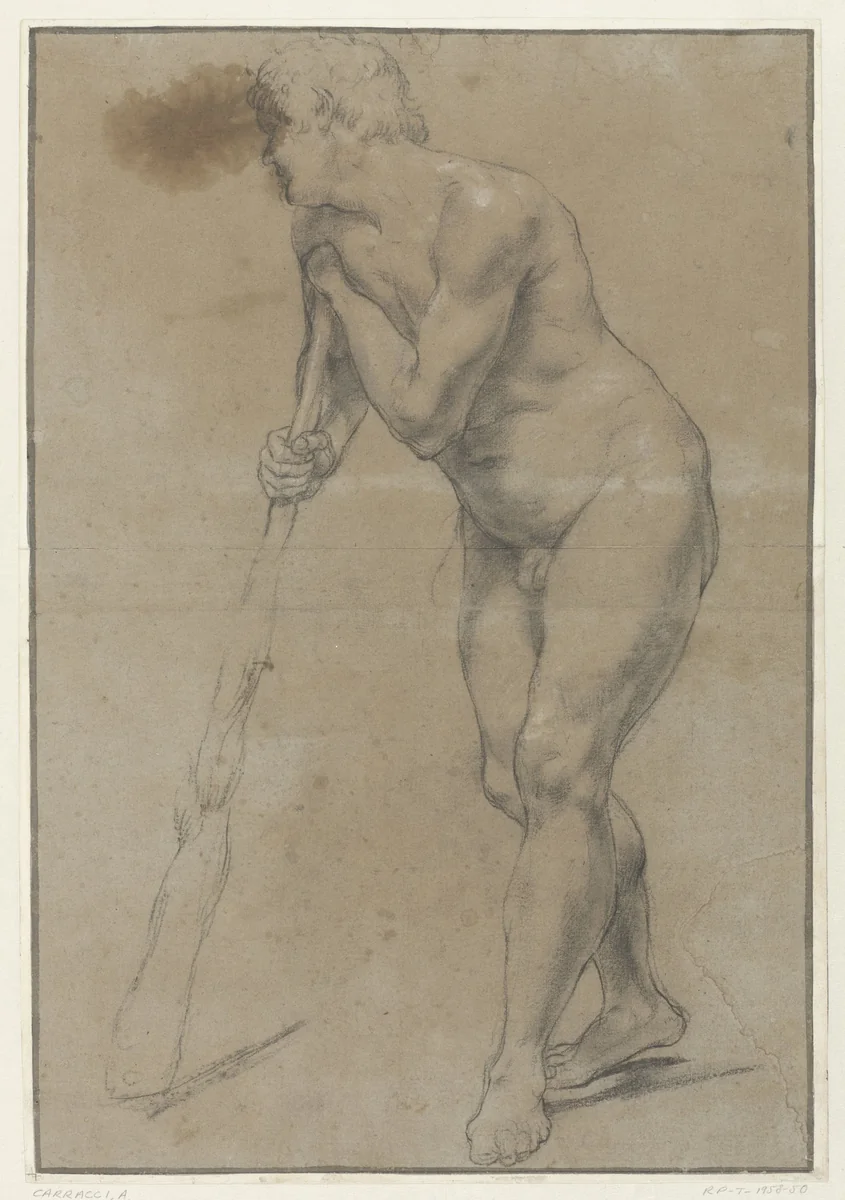 Studie van een naakte man die op een knots leunt by Antonio Carracci, drawing, 1609-1610