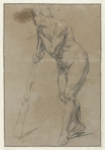 Studie van een naakte man die op een knots leunt by Antonio Carracci, drawing, 1609-1610