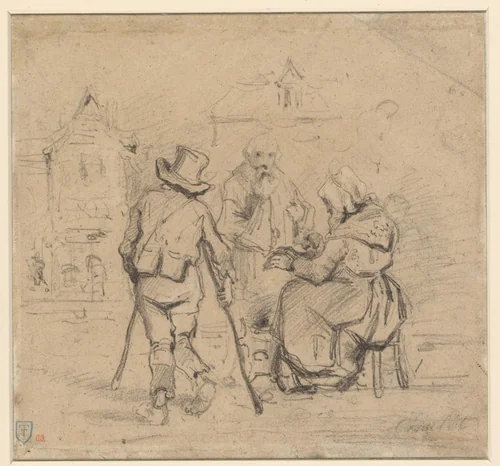 Straattafereel met een man op krukken en een oude vrouw die haar 
handen warmt boven een vuur by Frantz Charlet, drawing, 1872-1928