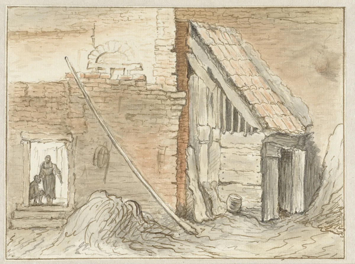 Schuur gebouwd in de hoek van een muur by Hendrik Chalon, drawing, 1700-1790