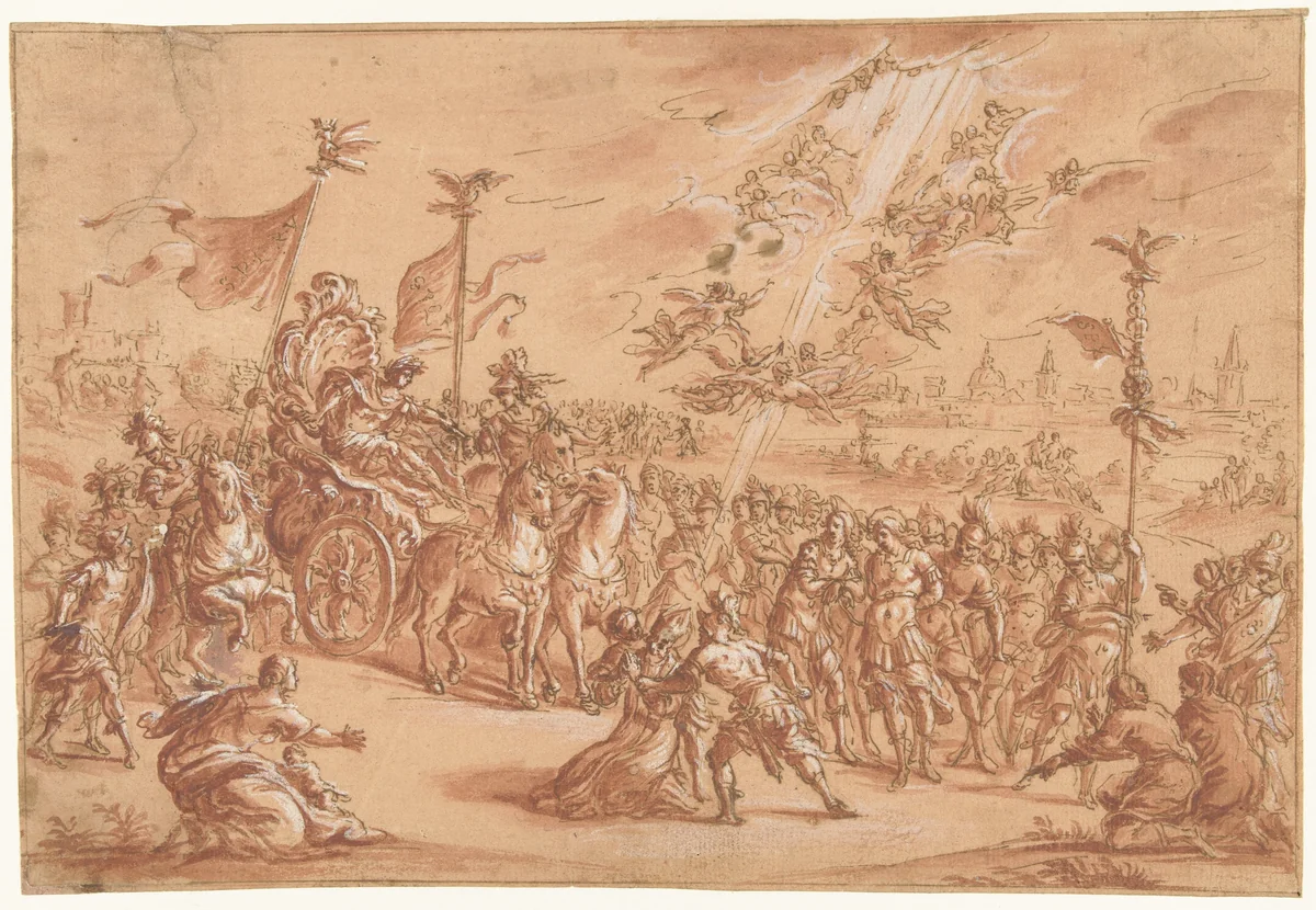 Een heilige bisschop knielt terzijde van de stoet van een Romeinse Imperator by Unknown, drawing, 1567-1629