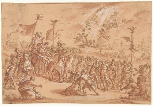 Een heilige bisschop knielt terzijde van de stoet van een Romeinse Imperator by Unknown, drawing, 1567-1629