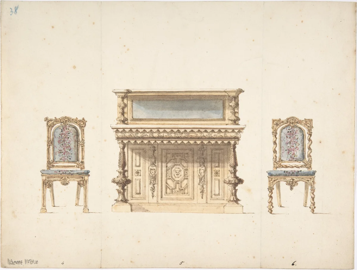Design for a Mirrored Cabinet and Two Chairs by anonymous, drawing, 1815-1840