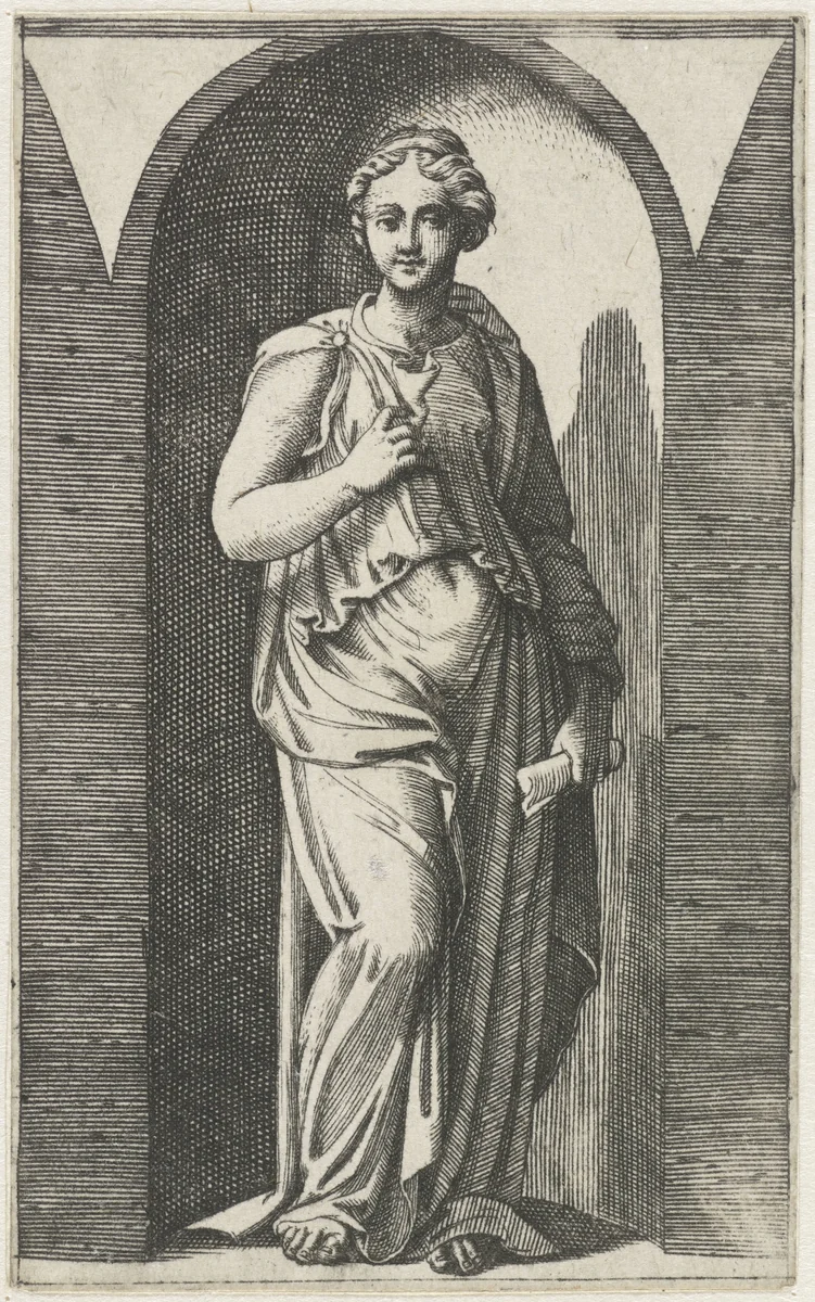 Muze met schriftrol staand in nis by Marcantonio Raimondi, print, 1511-1520