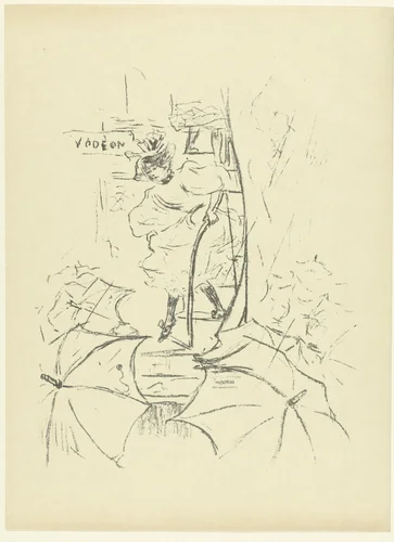 Vrouw loopt trap af in de regen bij Théâtre L'Odeon in Parijs by Edouard Crébassa, print, 1895