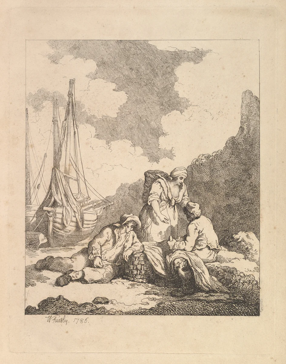 Fishermen by the Shore – Coastal Scene with a Man Sitting on the Ground Resting an Elbow on a Fishing Basket, Another Man Opposite Mending a Sail, and a Woman Standing Between Them Carrying a Basket on Her Back by Thomas Rowlandson, print, 1786