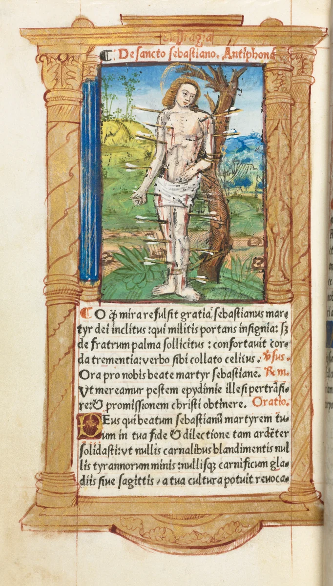 Printed Book of Hours (Use of Rome): fol. 102v, St. Sebastian by Guillaume Le Rouge, book, 1510