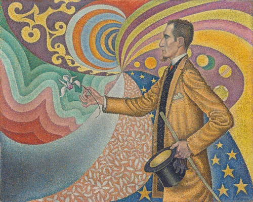 Opus 217. Against the Enamel of a Background Rhythmic with Beats and Angles, Tones, and Tints, Portrait of M. Félix Fénéon in 1890 by Paul Signac, painting, 1890