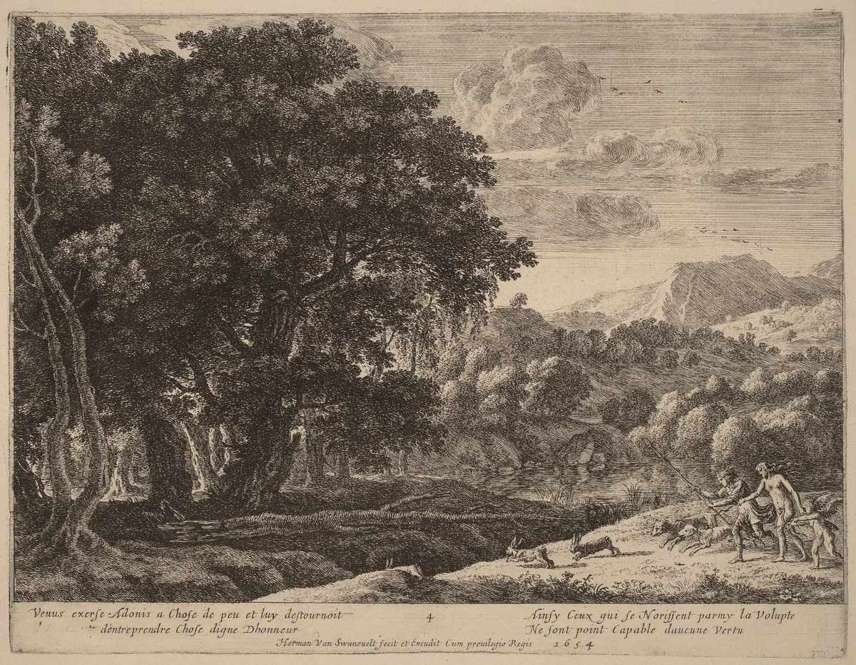 Venus and Adonis Hunting by Herman van Swanevelt, print, 1600-1655