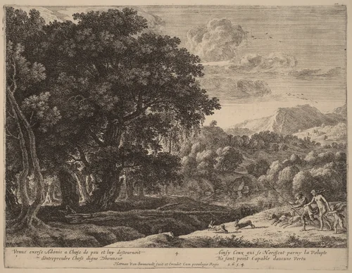 Venus and Adonis Hunting by Herman van Swanevelt, print, 1600-1655