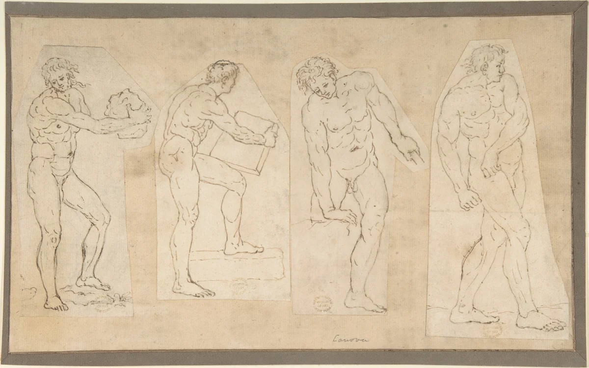 Four Studies of Nude Men by anonymous, drawing, 1757-1822