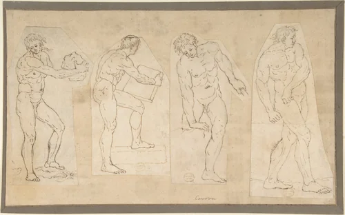 Four Studies of Nude Men by anonymous, drawing, 1757-1822