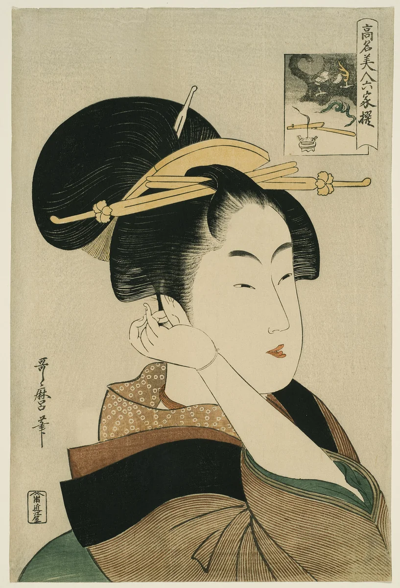 Tatsumi Roko, from the series “Renowned Beauties Likened to the Six Immortal Poets" ("Komei bijin rokkasen") by Kitagawa Utamaro (喜多川歌麿), print, 1789-1801