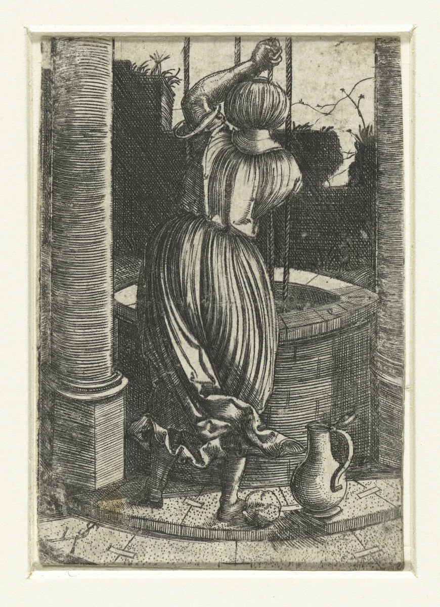 Vrouw bij een waterput by Unknown, print, 1500-1600