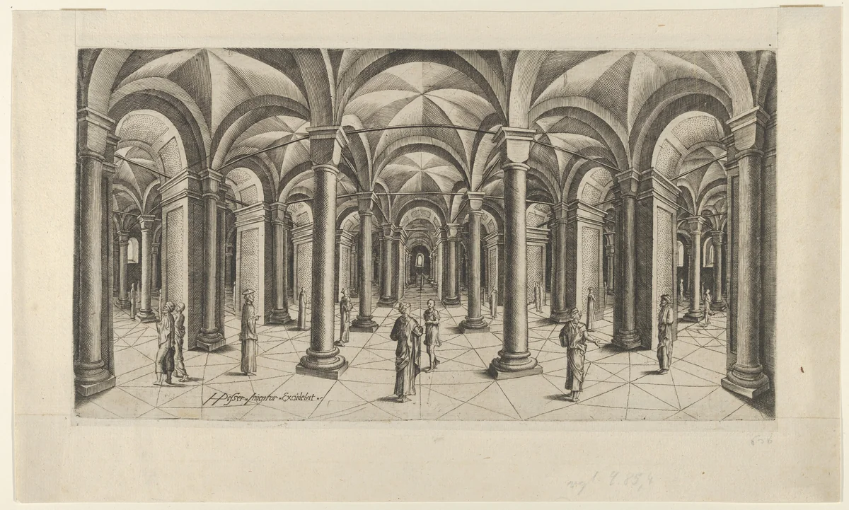 View in Fisheye perspective of a Hall with Columns and Cross Rib Vaulting by Hans Pesser, print, 1605-1615