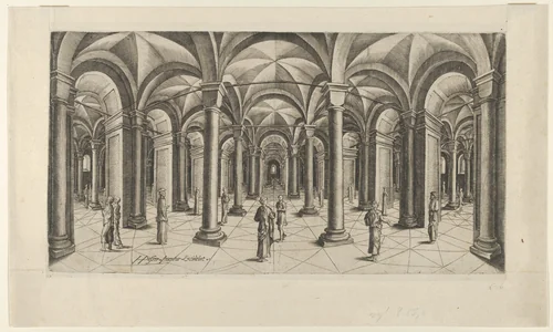 View in Fisheye perspective of a Hall with Columns and Cross Rib Vaulting by Hans Pesser, print, 1605-1615