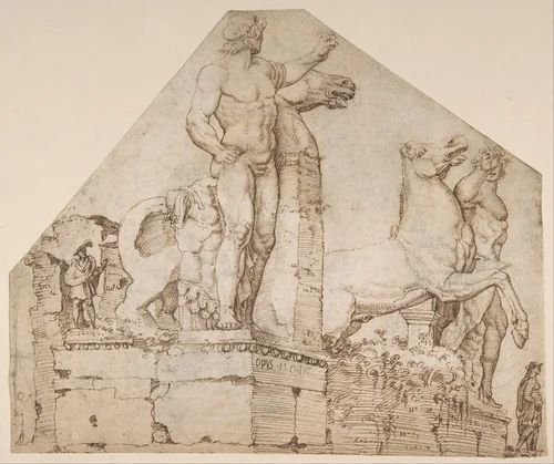 The Dioscuri on Monte Cavallo (recto); Study of a Spiral Staircase (verso) by Maarten van Heemskerck, drawing, 1528-1538