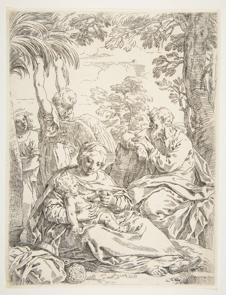 The Holy Family resting on their flight into Egypt by Simone Cantarini, print, 1632-1644