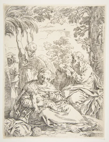 The Holy Family resting on their flight into Egypt by Simone Cantarini, print, 1632-1644