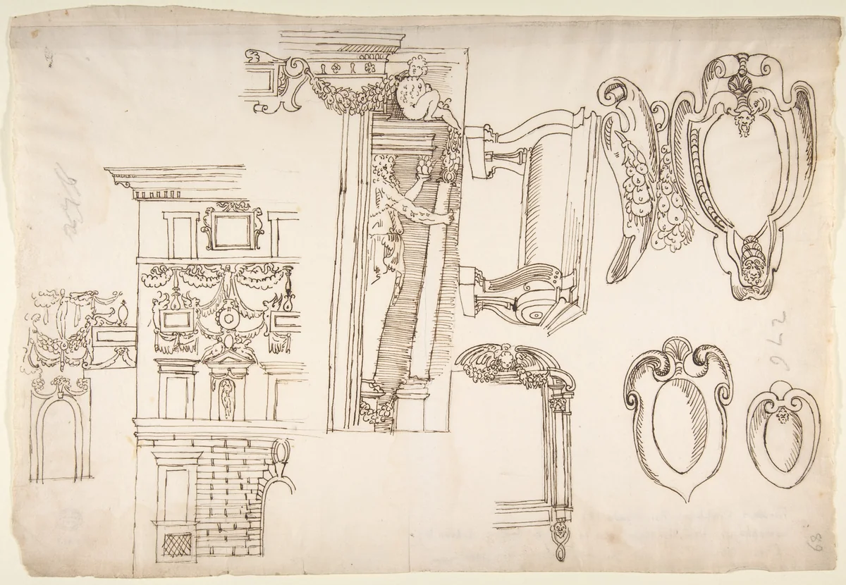 Palazzo Capodiferro (Spada), partial elevation, details; Santa Trinità dei Monti, Orsini Chapel, frame, elevation; various details, perspective (recto) blank (verso) by anonymous, drawing, 1500-1560