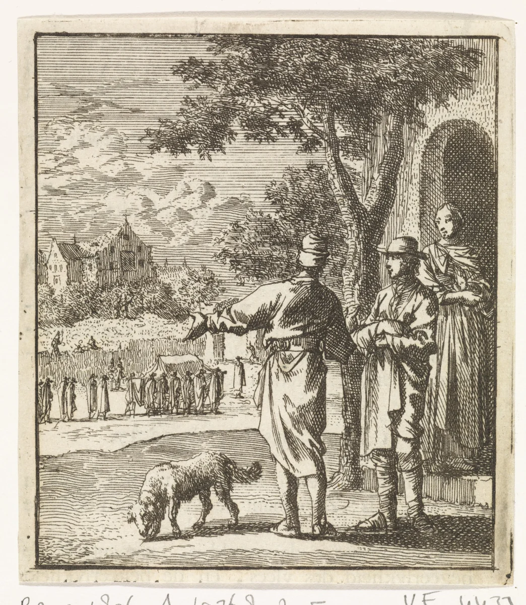 Twee mannen aanschouwen een voorbijtrekkende rouwstoet by Jan Luyken, print, 1712
