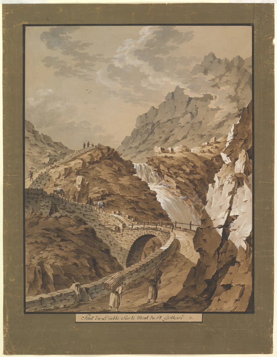 Devil's Bridge toward the Gothard Mountain in Switzerland by Franz Xaver Triner, drawing, 1785-1824