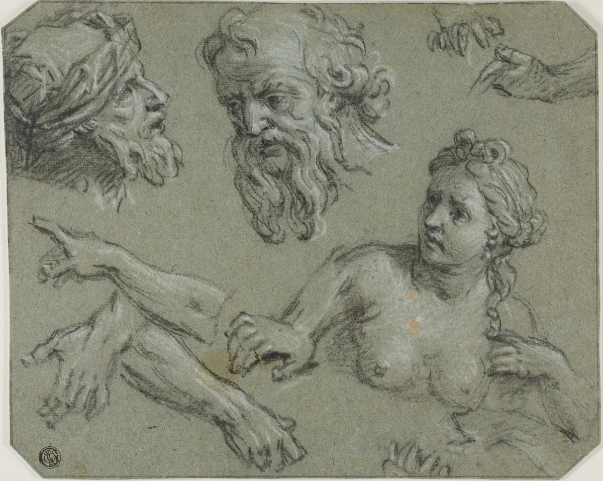 Sketches of Half-Length Female Nude, Male Heads, Arms by Louis de Boullogne, drawing, 1629-1674