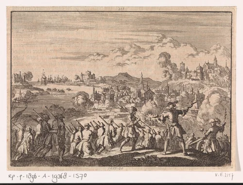Fransen veroveren onder Pointis Carthagena in Zuid-Amerika, 1697 by Jan Luyken, print, 1698