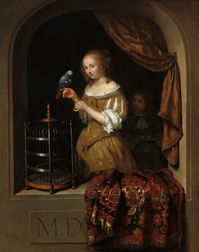 A Woman Feeding a Parrot, with a Page by Caspar Netscher, painting, 1666