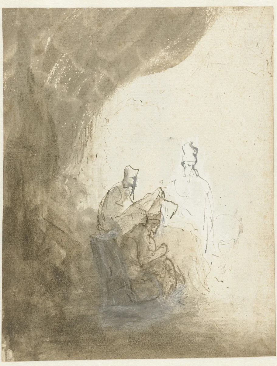 Three Scribes by Rembrandt van Rijn, drawing, 1628-1629