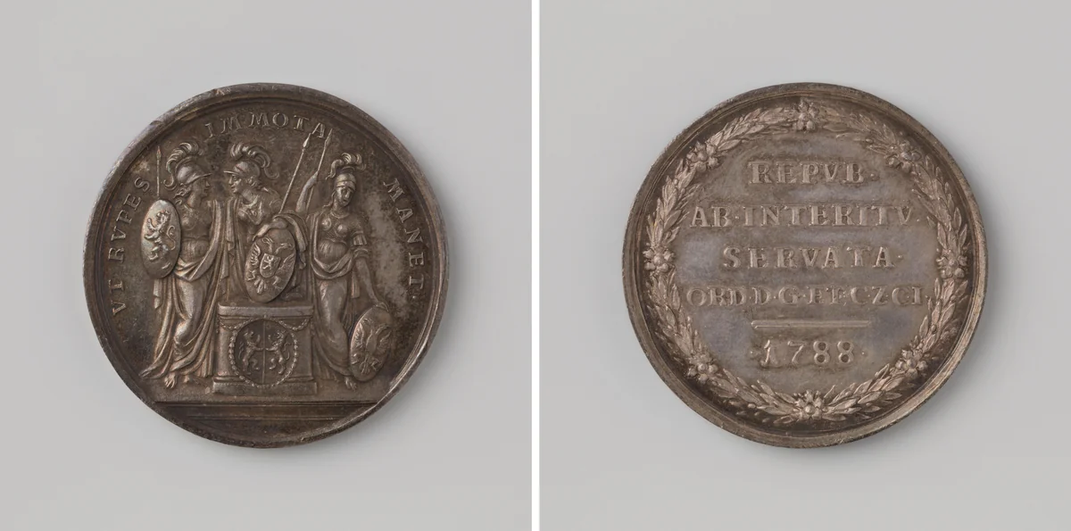 Herstel van de orde in de Nederlanden, penning geslagen op last van de Staten van Gelderland en Zutphen en op de landdag uitgedeeld aan de leden by Johann Heinrich Schepp, metalwork, 1788
