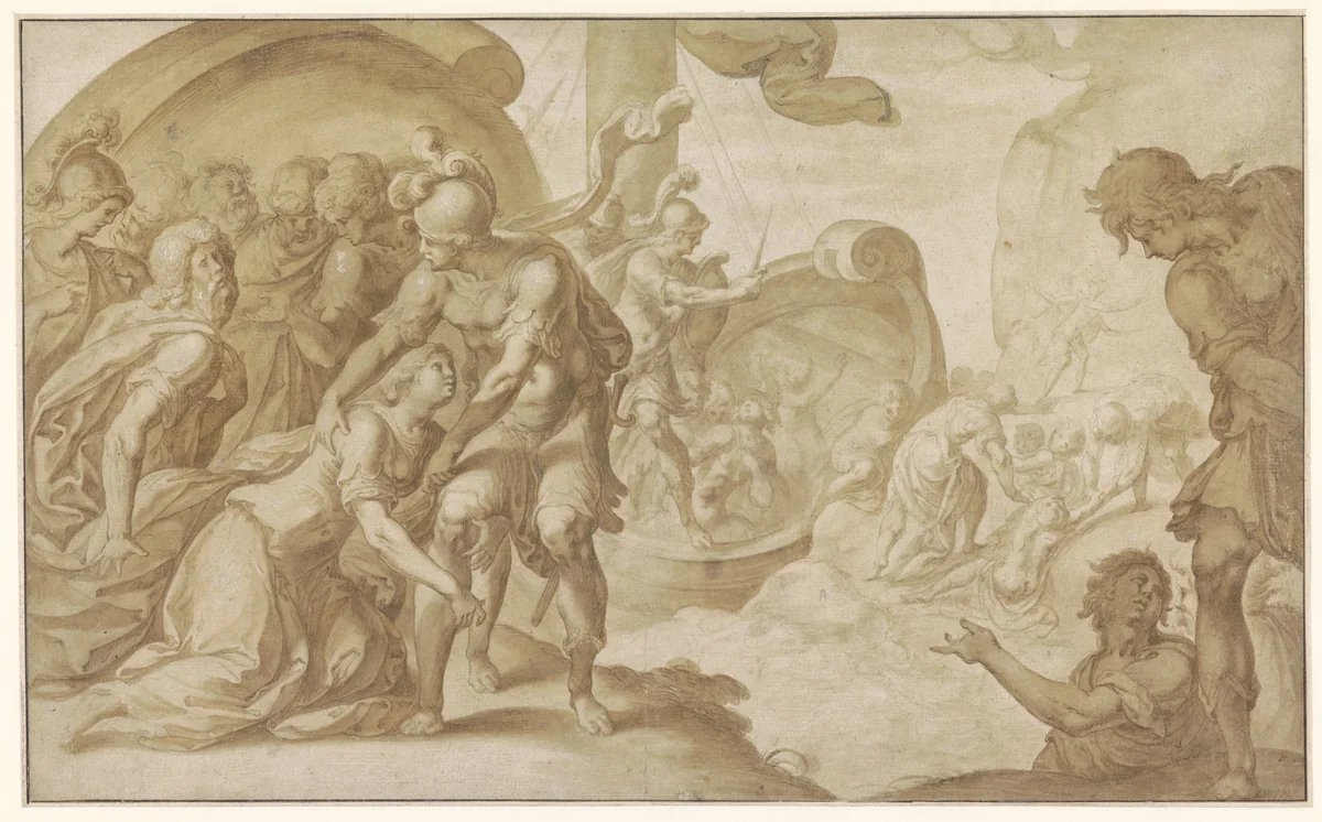 Trachin en Chariclea by Ambroise Dubois, drawing, 1553-1614