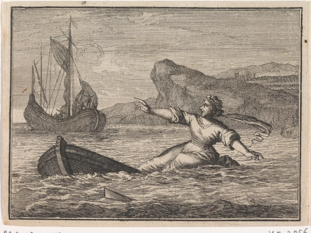Vrouw op een zinkende boot by Caspar Luyken, print, 1710