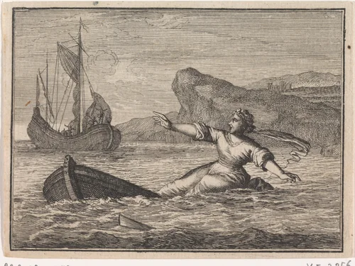 Vrouw op een zinkende boot by Caspar Luyken, print, 1710