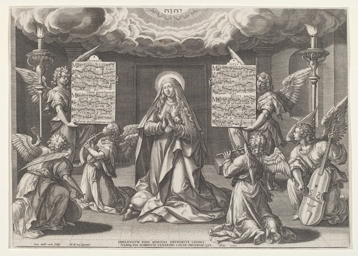 Magnificat: The Virgin Surrounded by Music-Making Angels by Jan Sadeler I; Maarten de Vos, print, 1585