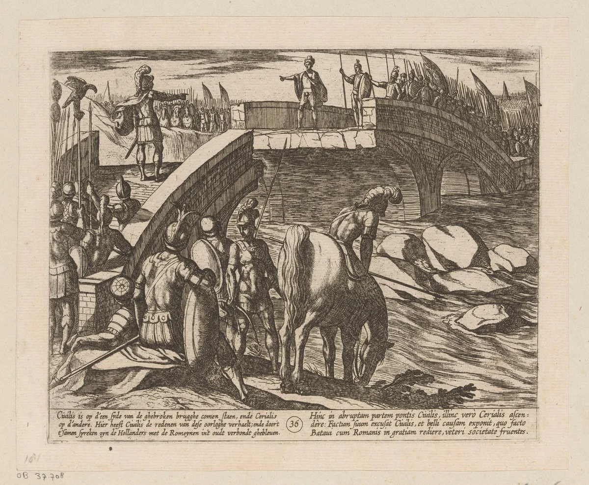 Civilis en Cerialis onderhandelen op de afgebroken brug, 69-70 by Antonio Tempesta, print, 1612