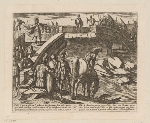 Civilis en Cerialis onderhandelen op de afgebroken brug, 69-70 by Antonio Tempesta, print, 1612