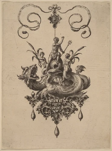Design for a Pendant with a Sea-Monster Carrying Neptune Flanked by Two Nereids by Adriaen Collaert, print, 1582