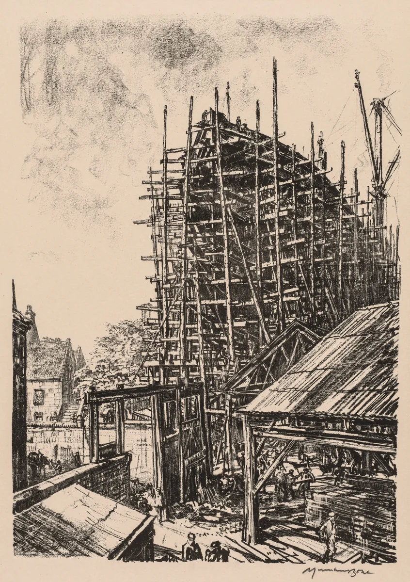 On the Clyde, 1917-1918: Building a Liner at Greenock by Muirhead Bone, print, 1917-1918