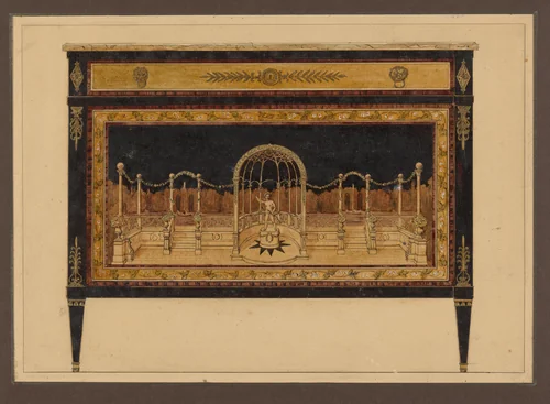 Ontwerp voor een commode met een voorstelling van een beeld van Cupido in een koepelvormig paviljoen op een terras in een tuin by anonymous, drawing, 1800-1815